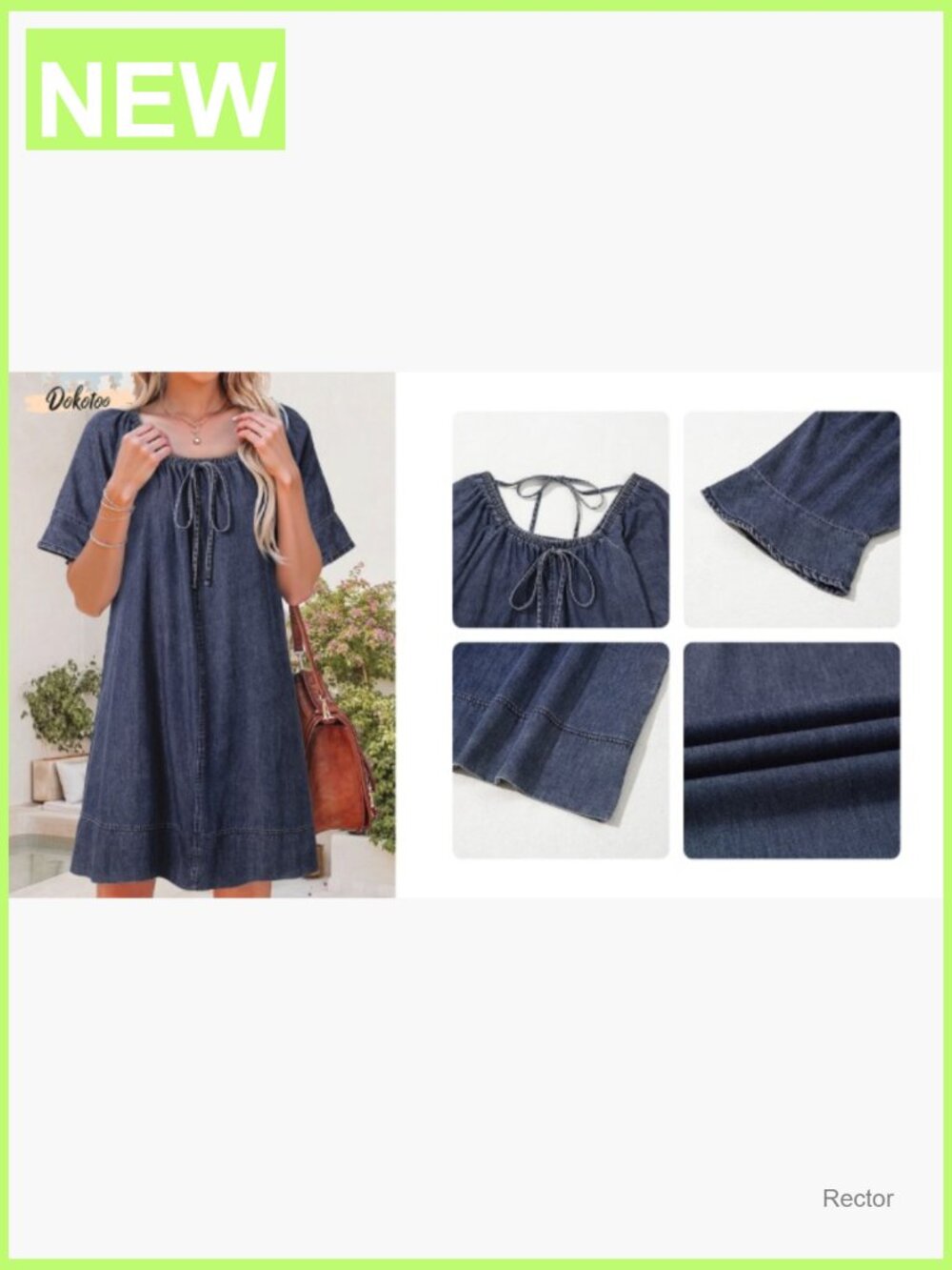 Lightweight Flowy Denim Dress Square Neck Short Sleeve Tie Knot Front - Picture 7 of 7